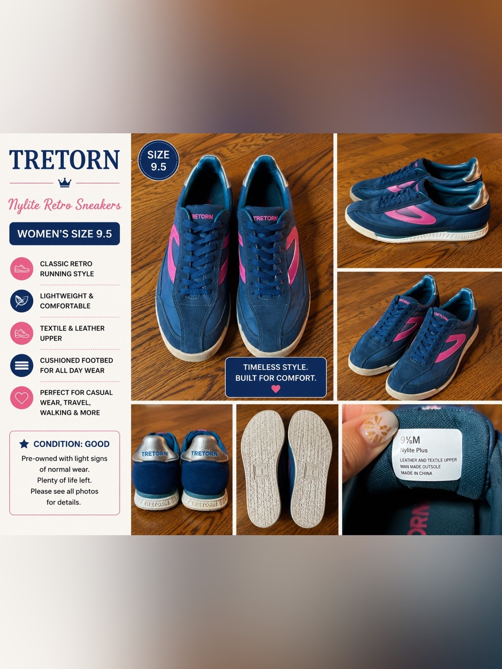 Tretorn Nylite Sneakers Women’s Size 9.5 Blue Pink Retro Casual Lace Up Shoes